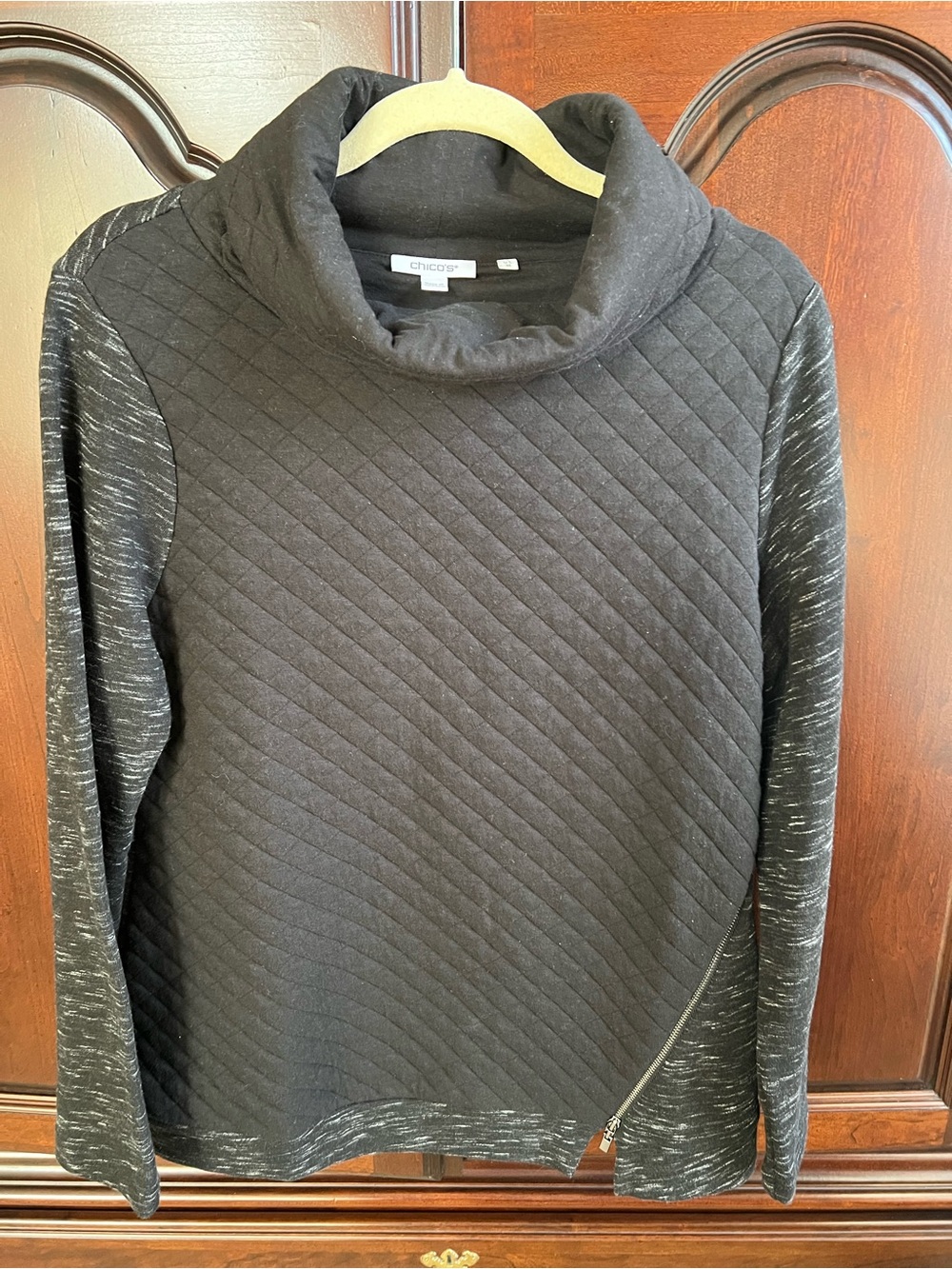 Chico's Black Quilted Cowl-Neck Pullover with Marled Sleeves